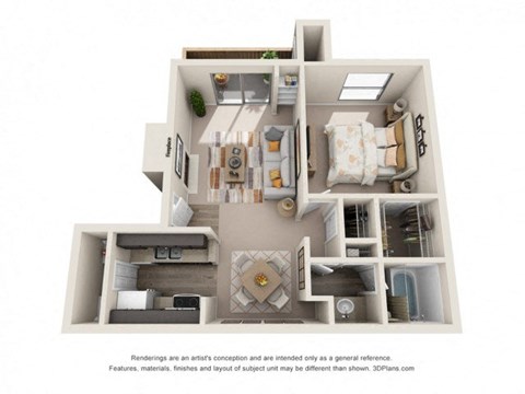 a 3d floor plan of a 1 bedroom apartment